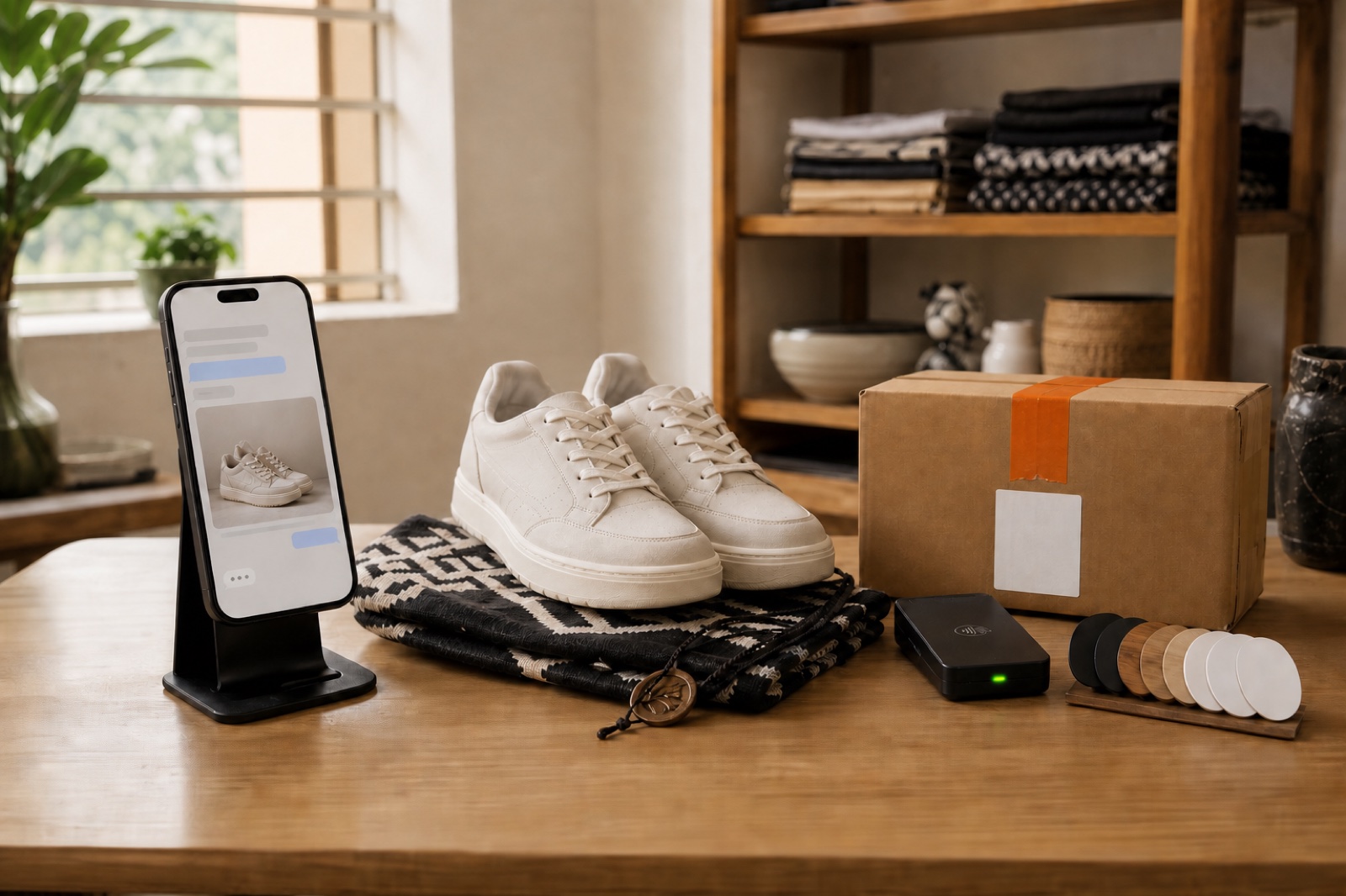 A phone, products, parcel and payment confirmation show a clear shopping journey.